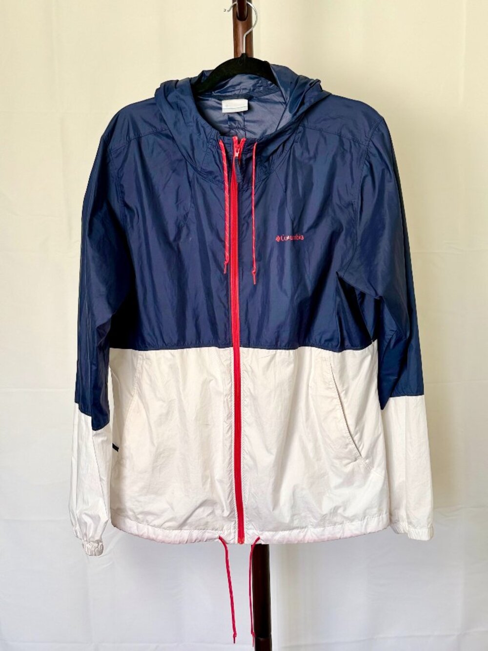 Columbia | Windbreaker Jacket Navy White Red Zip Hooded | Size XL